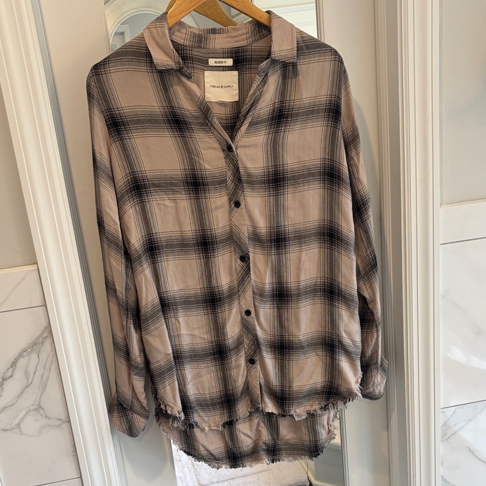 Thread & Supply Plaid Button-Up Tunic - Black and Tan